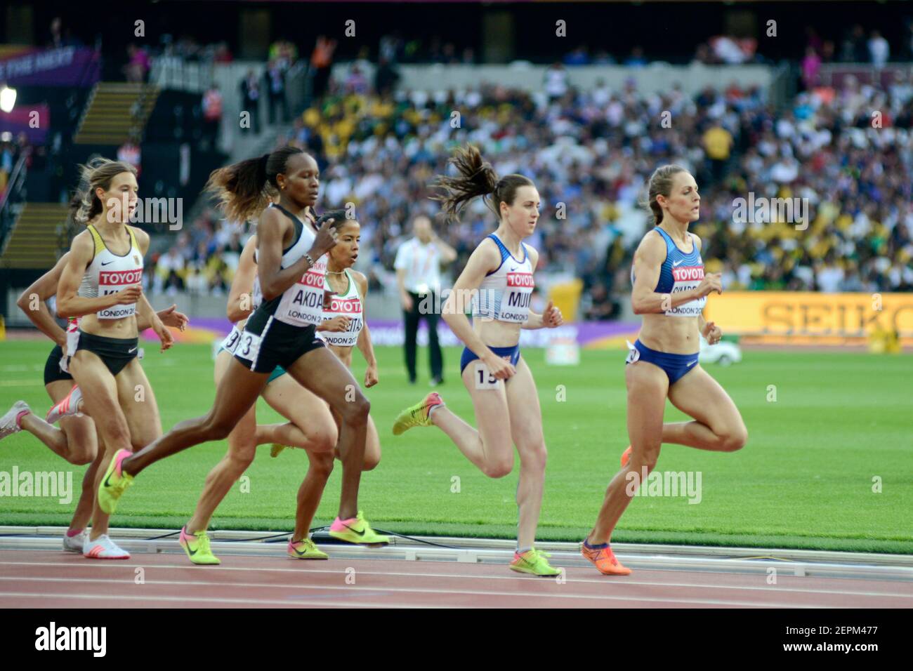 Jenny Simpson (USA), Laura Muir (GBR), Meryem Akdag (TUR). 1500 Meter Frauen, heizt. Leichtathletik-Weltmeisterschaften der IAAF - London 2017 Stockfoto