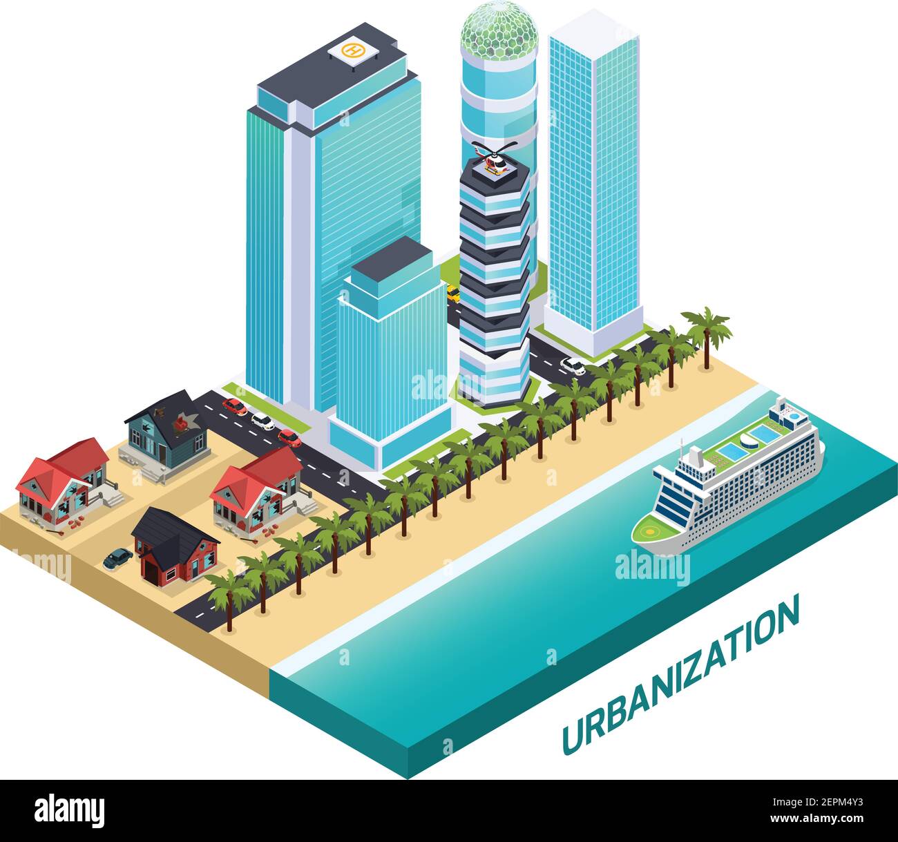 Urbanisierung isometrische Zusammensetzung mit modernen Landschaften in der Nähe des alten Viertels gebaut Mit verlassenen baufälligen ländlichen Häusern Vektor-Illustration Stock Vektor