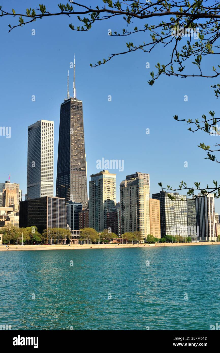 Chicago, Illinois, USA. Das John Hancock Building, das vom Olive Park aus die Skyline der nördlichen Michigan Avenue dominiert. Stockfoto