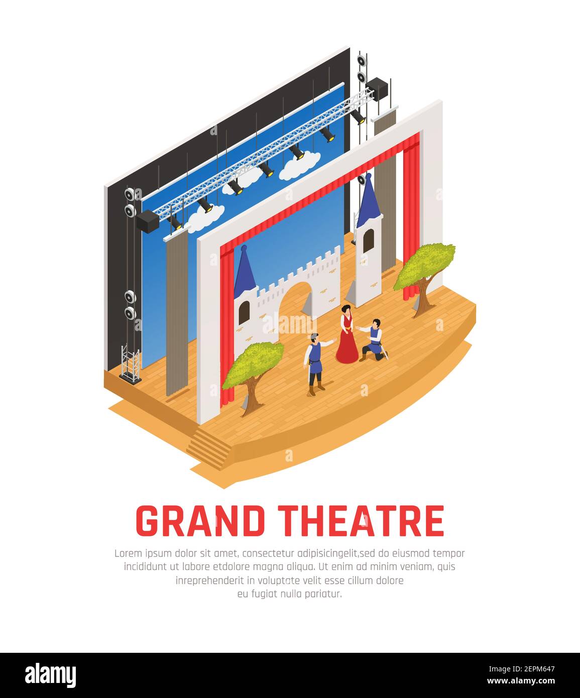 Komposition isometrischer Symbole für Theater mit bearbeitbarem Text und Ansicht von Bühne mit Schauspielern und Bühnenbilder Vektordarstellung Stock Vektor