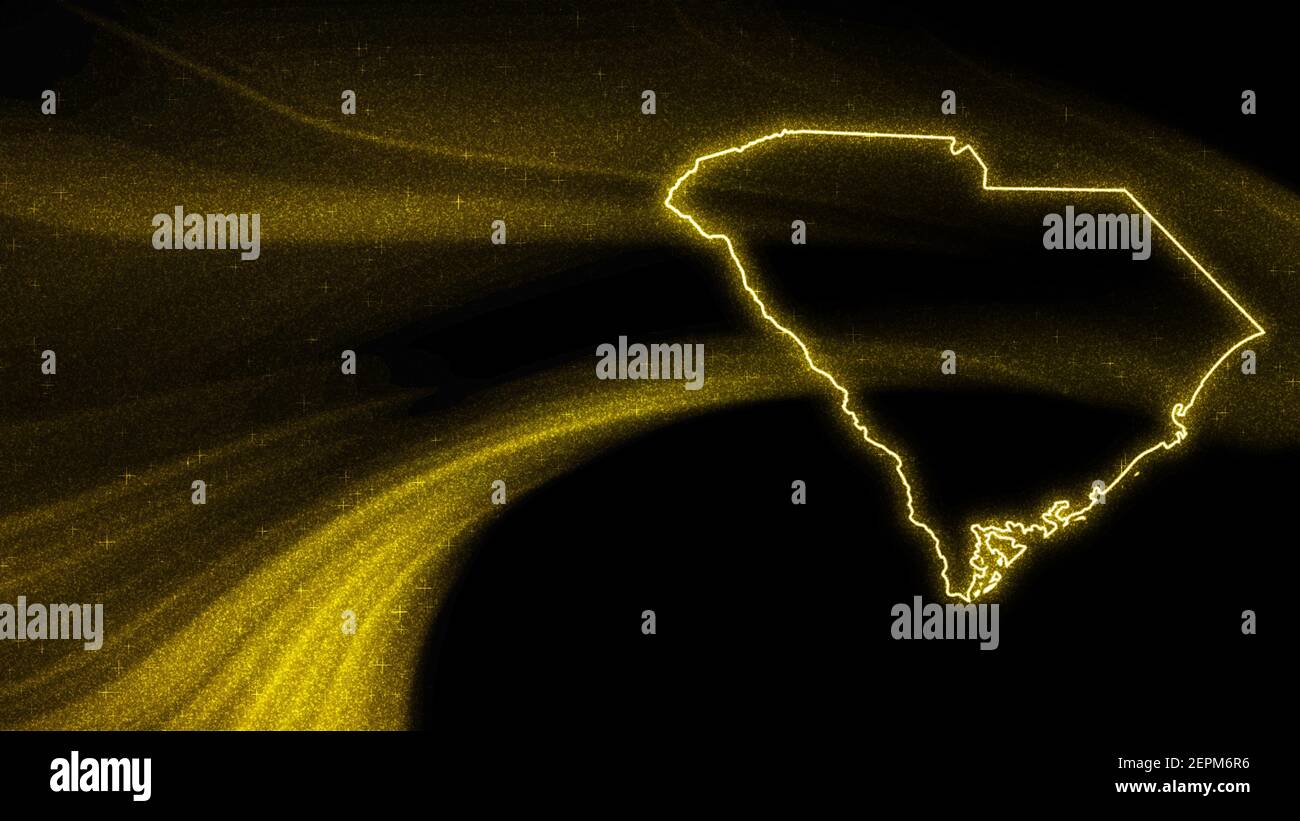 Karte von South Carolina, Gold Glitter Karte auf dunklem Hintergrund Stockfoto