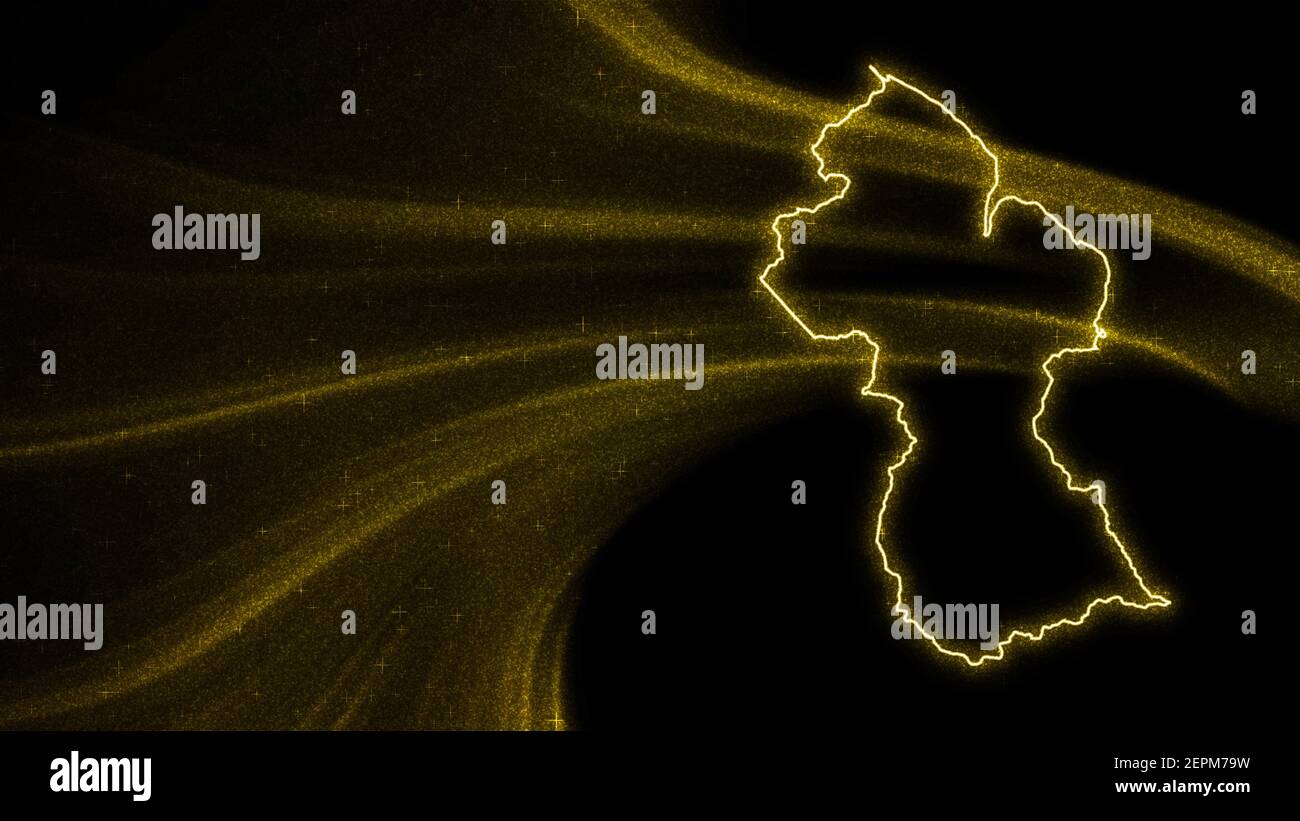 Karte von Guyana, Gold Glitter Karte auf dunklem Hintergrund Stockfoto