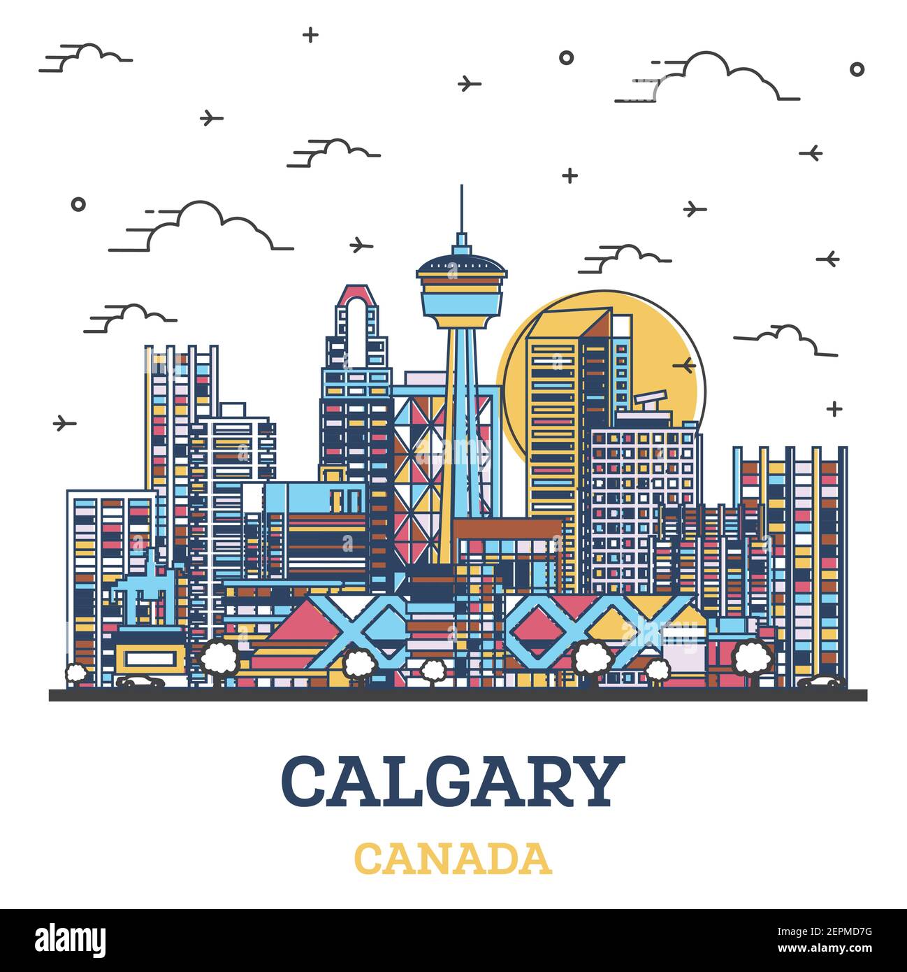 Umreißen Sie die Skyline von Calgary Canada mit farbigen, modernen Gebäuden, die auf Weiß isoliert sind. Vektorgrafik. Calgary Stadtbild mit Wahrzeichen. Stock Vektor