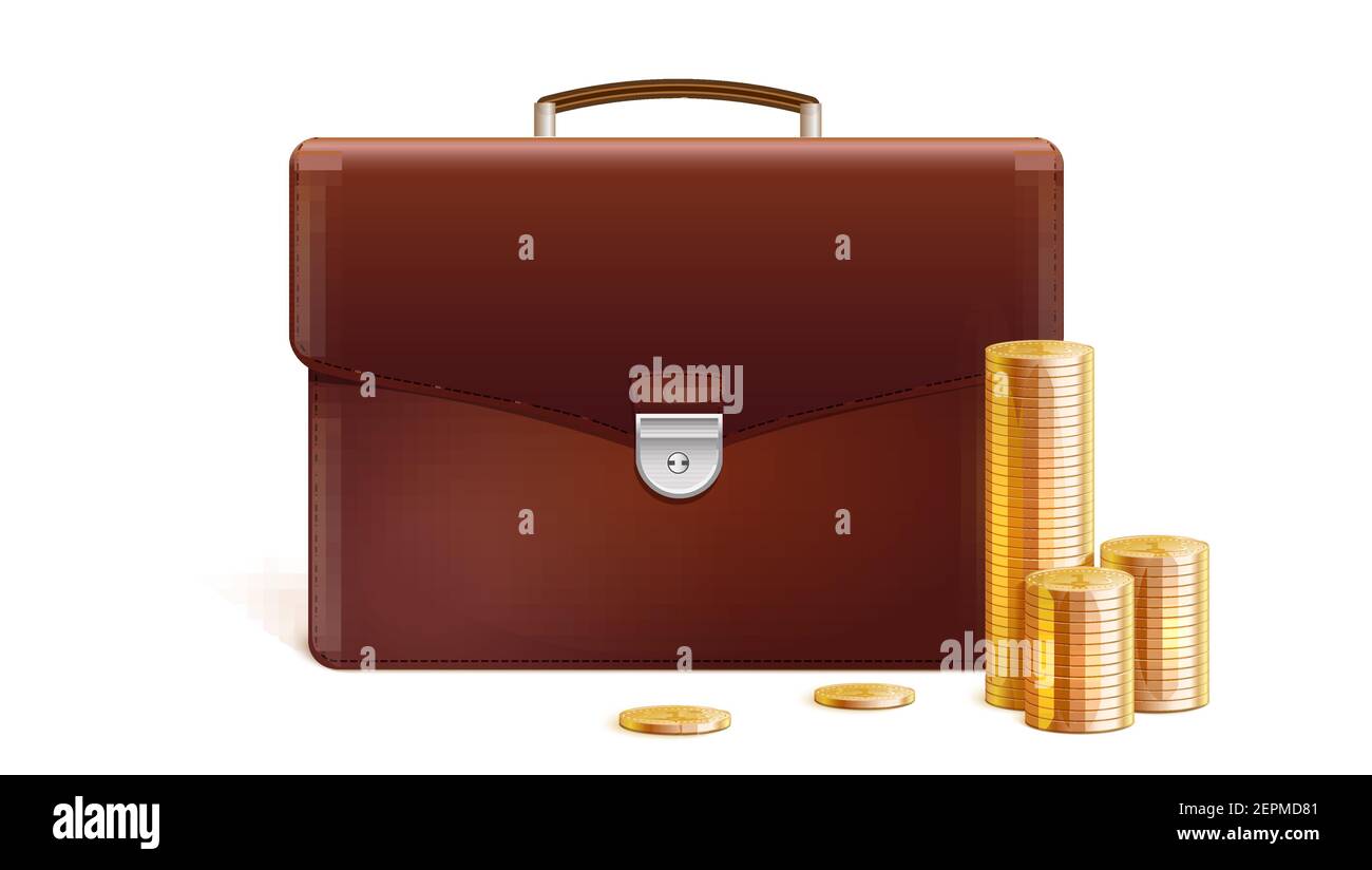 Aktentasche mit Stapeln von goldenen Münzen isoliert auf weißem Hintergrund. vektorgrafik 3D Stock Vektor