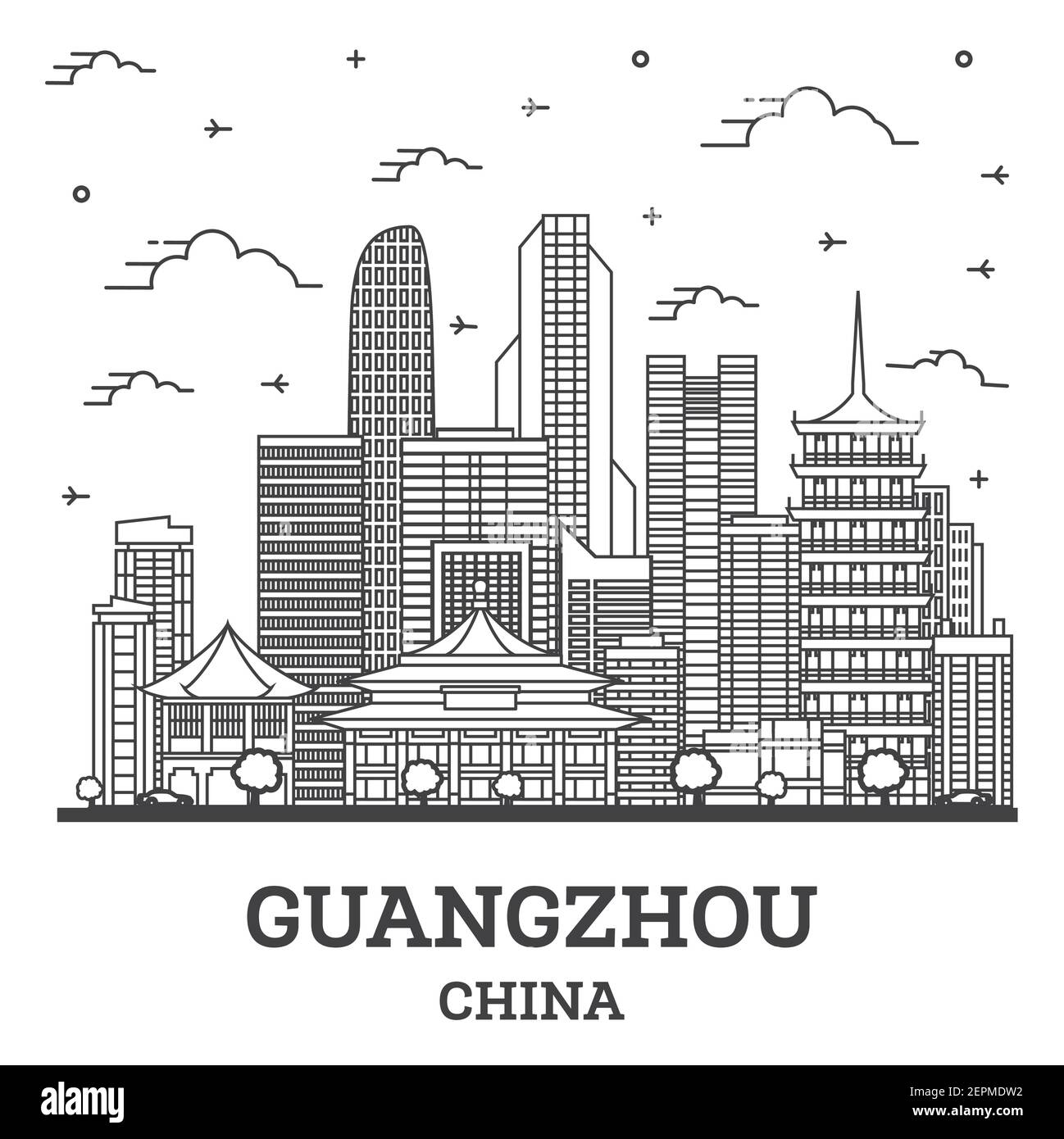 Umrisse Guangzhou China Skyline der Stadt mit modernen Gebäuden isoliert auf Weiss. Vector Illustration. Guangzhou Stadtbild mit Sehenswürdigkeiten. Stock Vektor