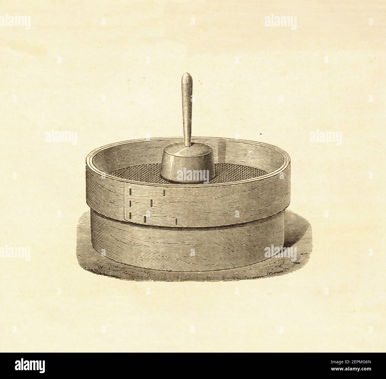 Antike Illustration einer Tamis. Veröffentlicht in Le livre de cuisine, par Jules Goufe, Librarie Hachette et Cie (Paris, 1874). Stockfoto
