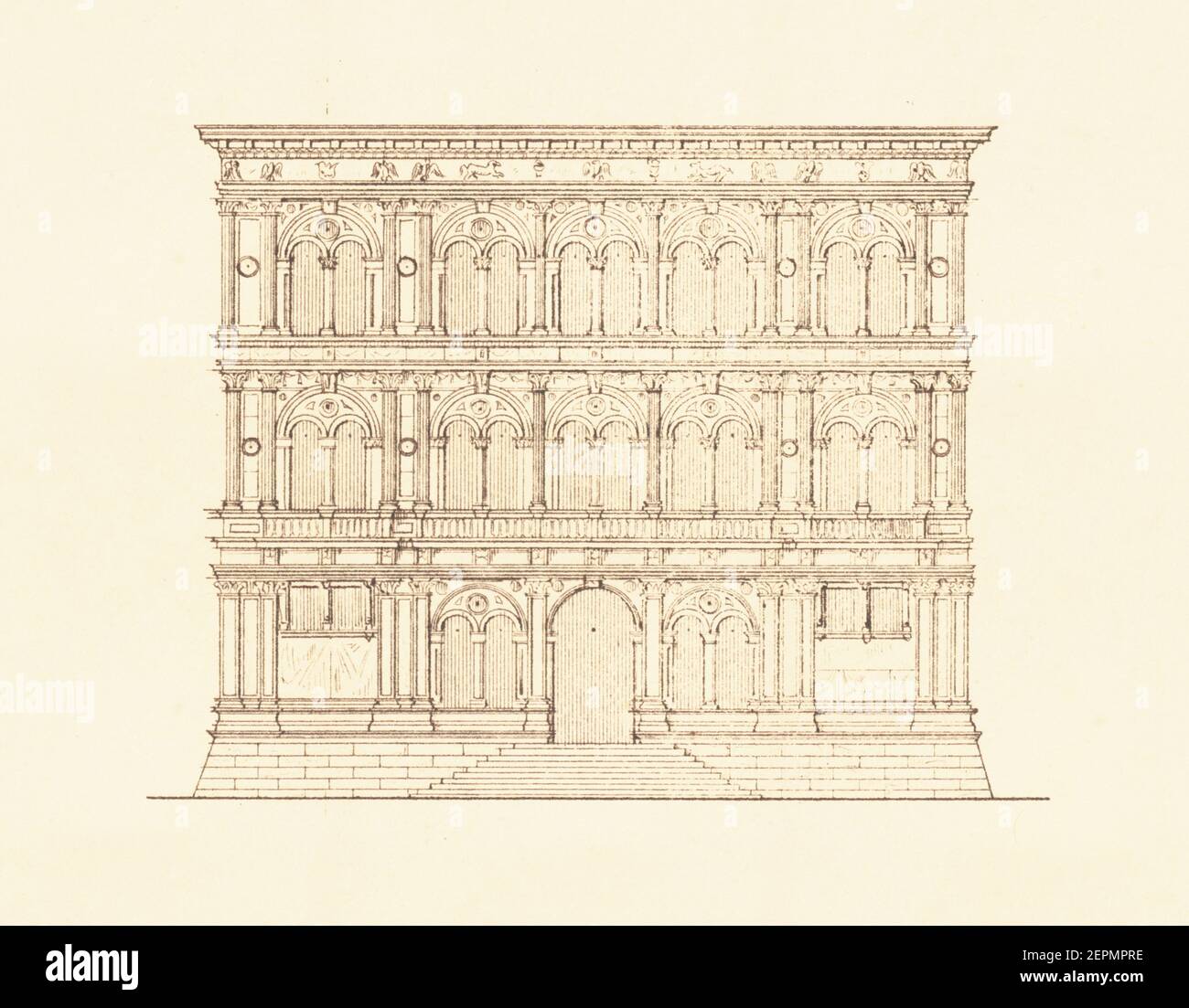 Illustration des Ca' Vendramin Calergi aus dem 19. Jahrhundert in Venedig, Italien. Der Palast wurde im späten 15. Jahrhundert von Mauro Codussi entworfen. Gravur Publ Stockfoto