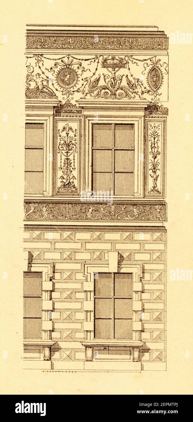 Gravur aus dem 19. Jahrhundert mit Fassade der Universität Wien (1874). Illustration veröffentlicht in Vergleichende architektonische Formenlehre von ca. Stockfoto