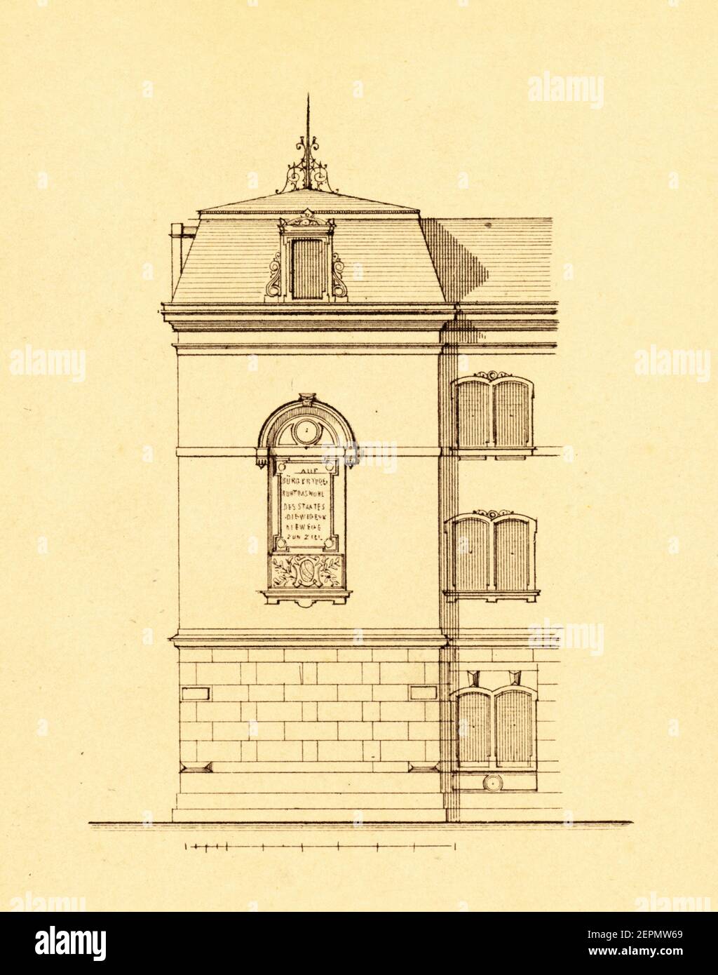 19th-century Illustration Darstellung Fassade der deutschen Schule (1874). Stich veröffentlicht in Vergleichende architektonische Formenlehre von Carl Scholtze Stockfoto
