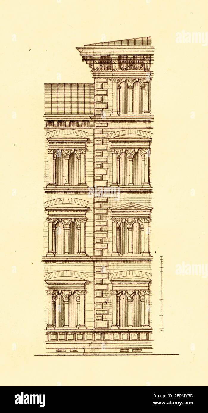 Antiker Stich der Schule in Wien aus dem 19. Jahrhundert, entworfen von Theophil Hansen. Illustration veröffentlicht in Vergleichende architektonische Formenlehre Stockfoto