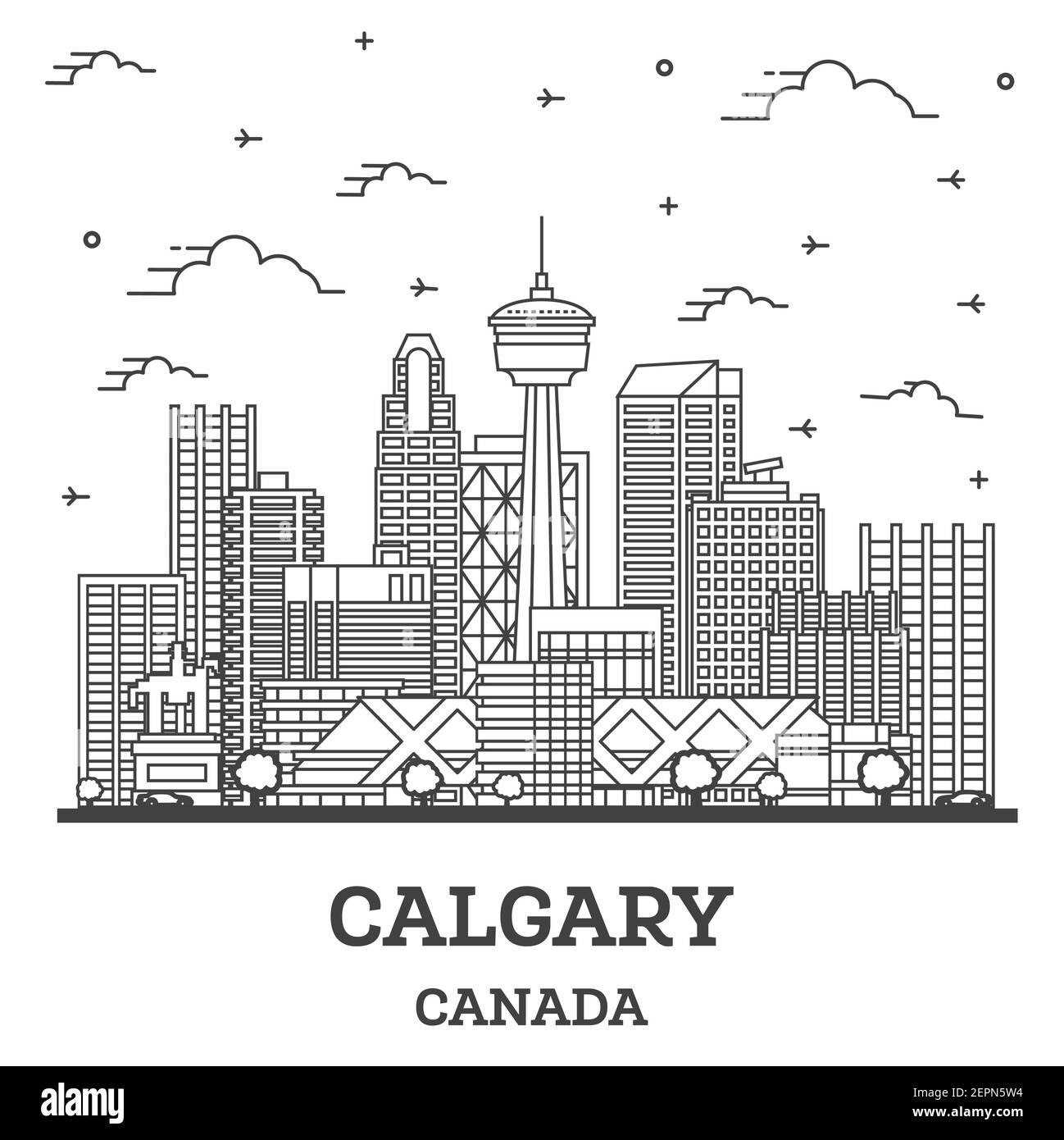 Umrisse Calgary Kanada Skyline der Stadt mit modernen Gebäuden isoliert auf Weiss. Vector Illustration. Calgary Stadtbild mit Sehenswürdigkeiten. Stock Vektor
