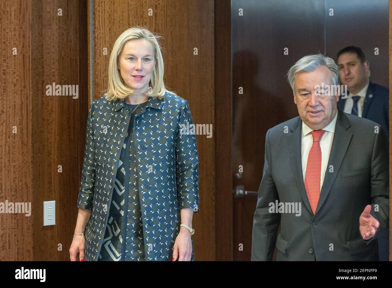 Sigrid Kaag Ministerin Fur Aussenhandel Und Entwicklungszusammenarbeit Des Konigreichs Der Niederlande Wird Am 15 Januar 2018 Vor Einem Bilateralen Treffen Mit Un Generalsekretar Guterres In Der Exekutivsuite Des Un Hauptquartiers In New York Ny