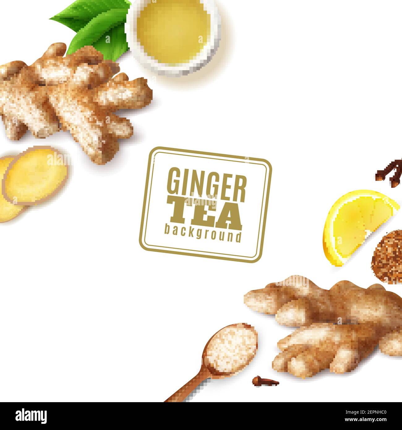 Tasse mit Ingwertee, frische Wurzeln, Zitrone, Löffel mit Zucker, Nelken auf weißem Hintergrund Vektor-Illustration Stock Vektor