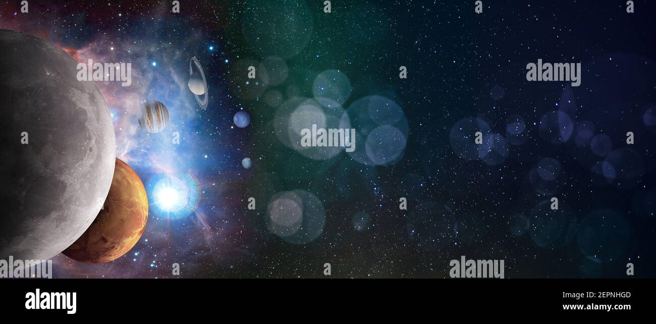 Bokeh Hintergrund mit Sternen und Planeten des Sonnensystems. Sci-Fi Space Exploration Collage wirh copy space, Elemente dieses Bildes von der NASA eingerichtet. Stockfoto