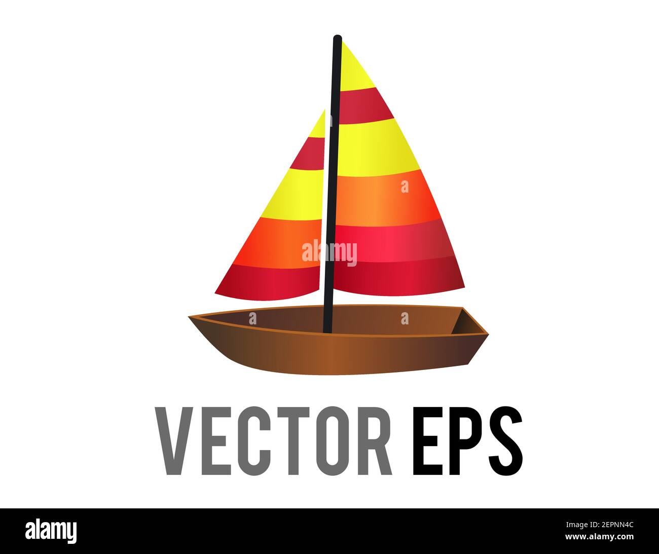 Die isolierte Vektorseite des braunen hölzernen Segelbootes Ikone mit Mischung aus gelben, orangen und roten Segeln Stock Vektor