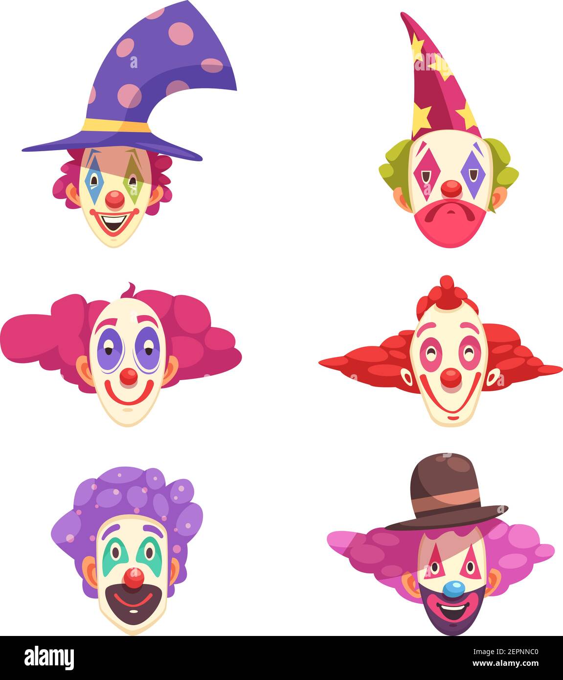 Masken von Clowns mit verschiedenen Grimassen auf Gesichtern und gesetzt Bunte lockiges Haar isoliert Vektor-Illustration Stock Vektor