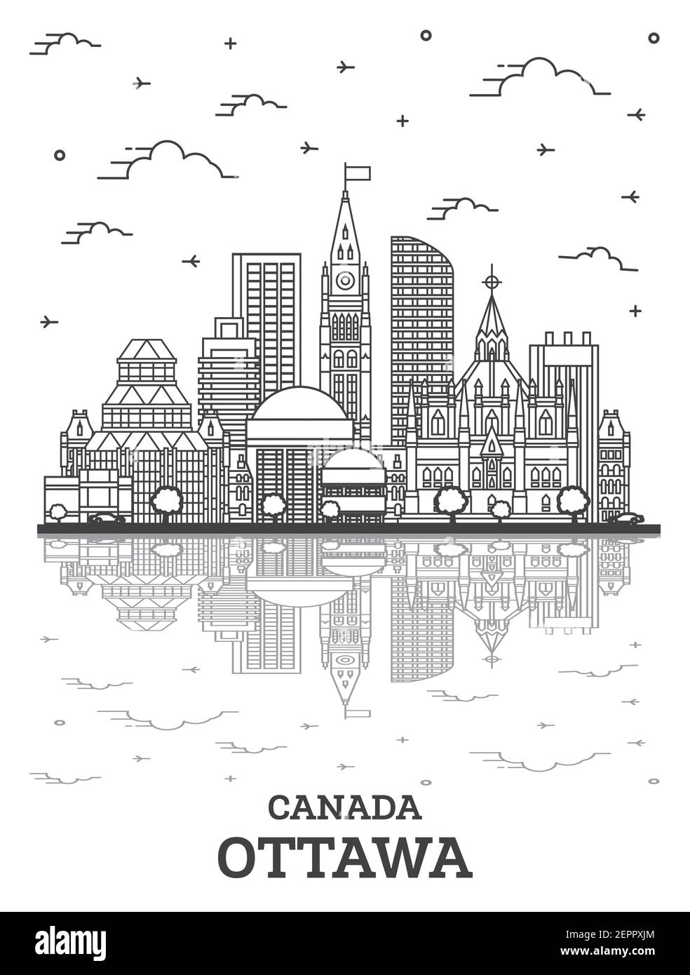 Umrisse Ottawa Kanada Skyline der Stadt mit modernen Gebäuden und Reflexionen isoliert auf Weiss. Vector Illustration. Ottawa Stadtbild mit Sehenswürdigkeiten. Stock Vektor