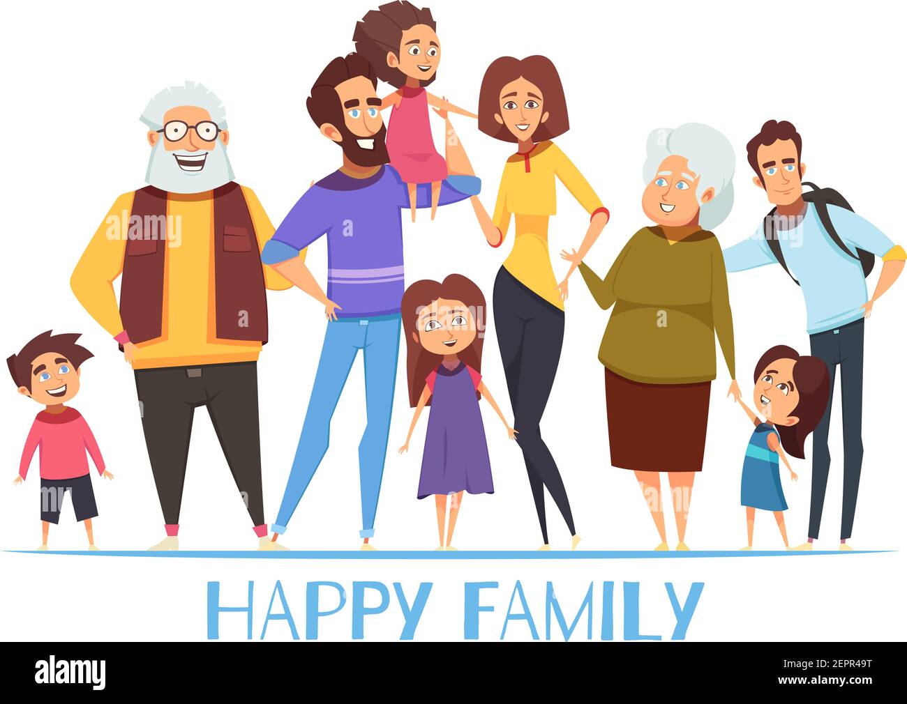 Porträt der glücklichen Familie mit Großeltern, Mama und Papa, Kinder, Onkel auf weißem Hintergrund Vektor-Illustration Stock Vektor