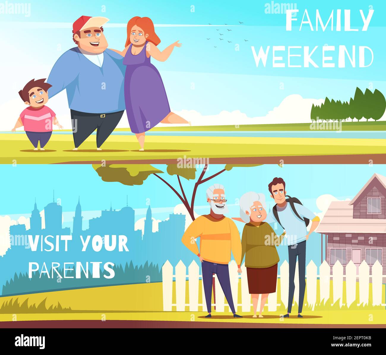 Familien Satz von horizontalen Banner mit Wochenende auf Natur und Besuch bei den Eltern, isolierte Vektor-Illustration Stock Vektor