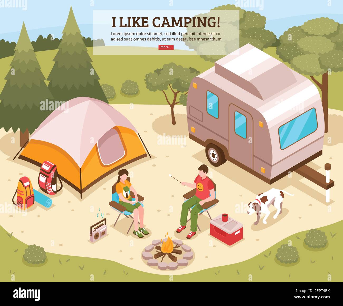 Familie Sommerurlaub Wandern Campingplatz isometrische Webseite Design mit Zelt offenes Feuer Touristen Rucksäcke Vektor Illustration Stock Vektor