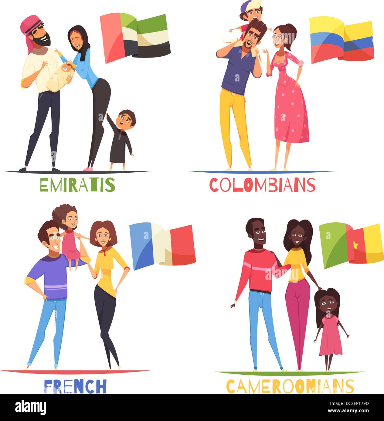 Familien mit Kindern verschiedener Nationalitäten französisch, kolumbianer, kameruner, araber aus den emiraten, Design-Konzept isoliert Vektor Illustration Stock Vektor