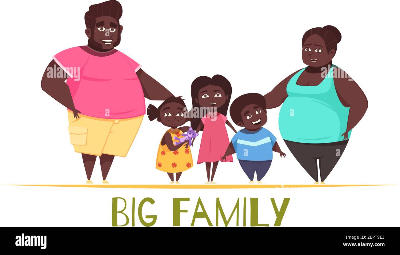 Portrait der großen Familie mit dunkler Haut, Eltern mit Kindern zwei Mädchen und Jungen Vektor-Illustration Stock Vektor