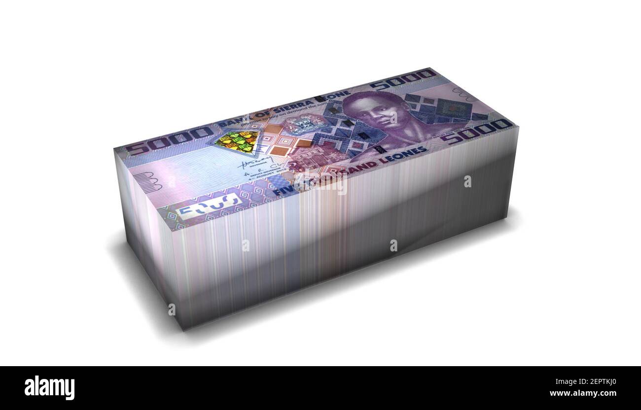 3D Illustration von Sierra Leone 5000 Leones Bills stapelt Hintergrund Stockfoto