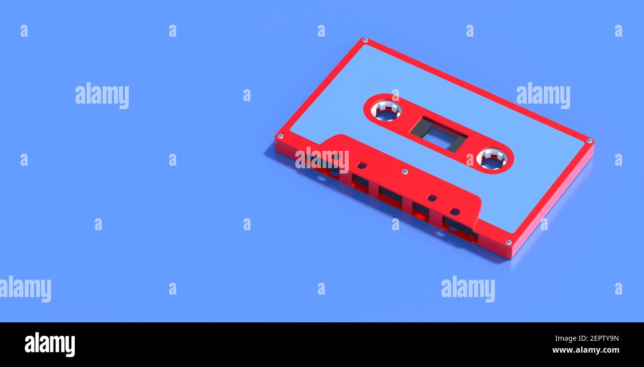 Audiokassette Band rote Farbe mit unbeschriftete Aufkleber Etikett auf hellblauem Hintergrund, Vintage Retro Party Musik, achtziger Jahre Songs. 3D Abbildung Stockfoto