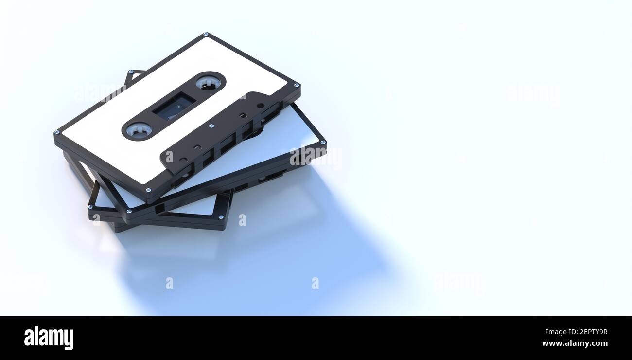 Audiokassettenbänder mit leeren Aufkleber Etiketten isoliert auf weißem Hintergrund, Vintage retro Party Musik, achtziger Jahre Songs. 3D Abbildung Stockfoto
