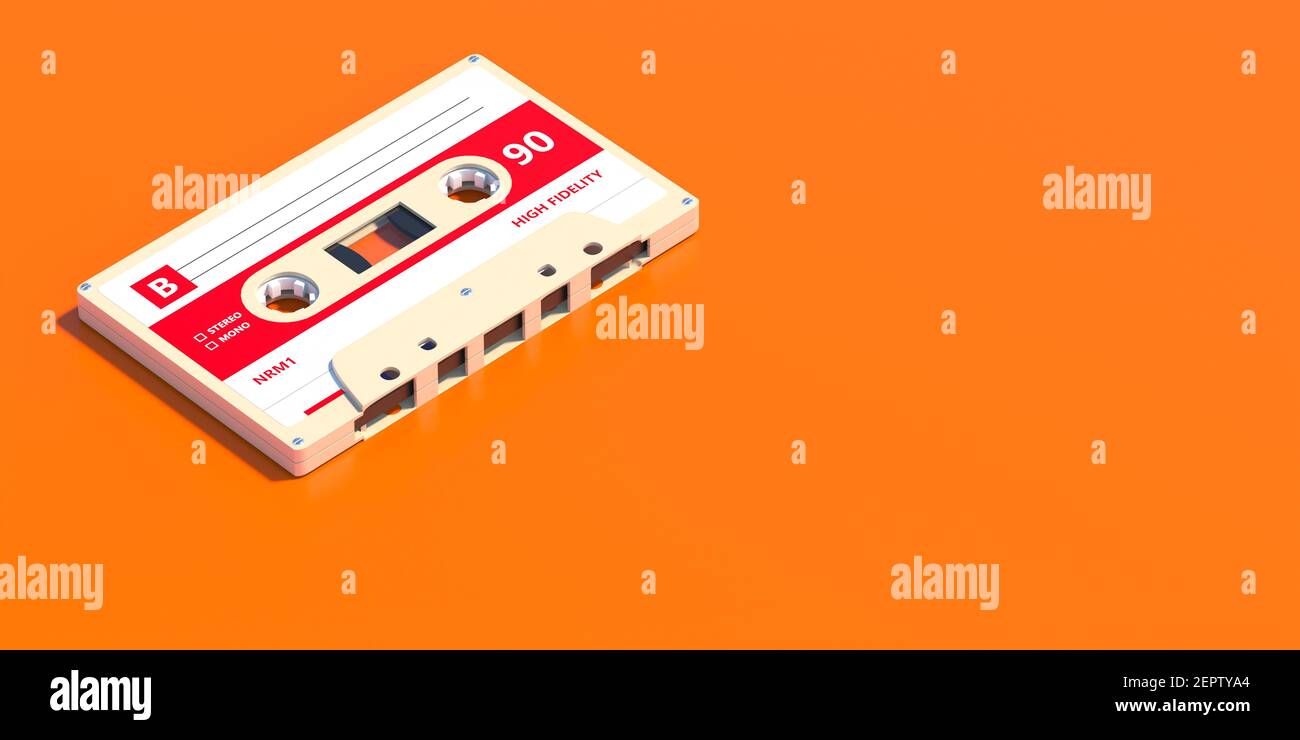 High Fidelity, Single retro Audio-Kassette Band auf orangen Hintergrund, Vintage-Musik, 80er Jahre Party Songs Konzept, Copy Space. 3D Abbildung Stockfoto