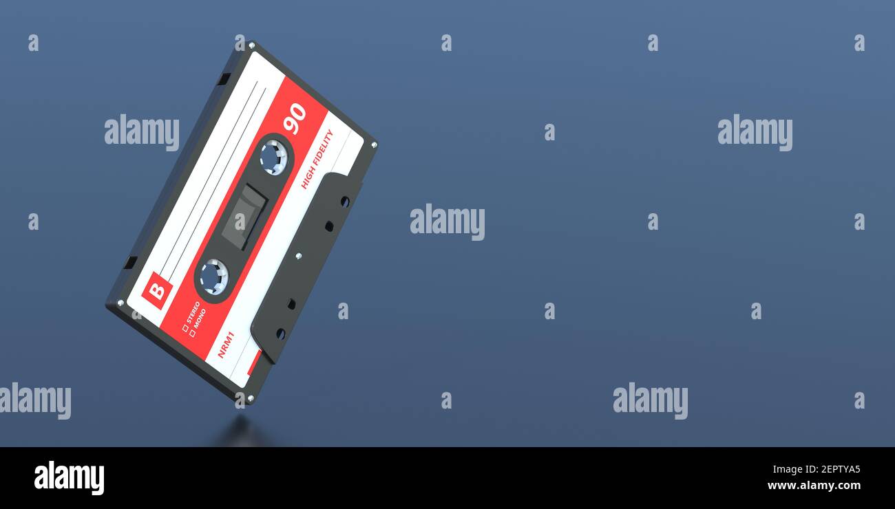 Kassettenband auf schwarzem Hintergrund, Audio Retro Musik Konzept, Copy Space, Vintage achtziger Party Songs. 3D Abbildung Stockfoto