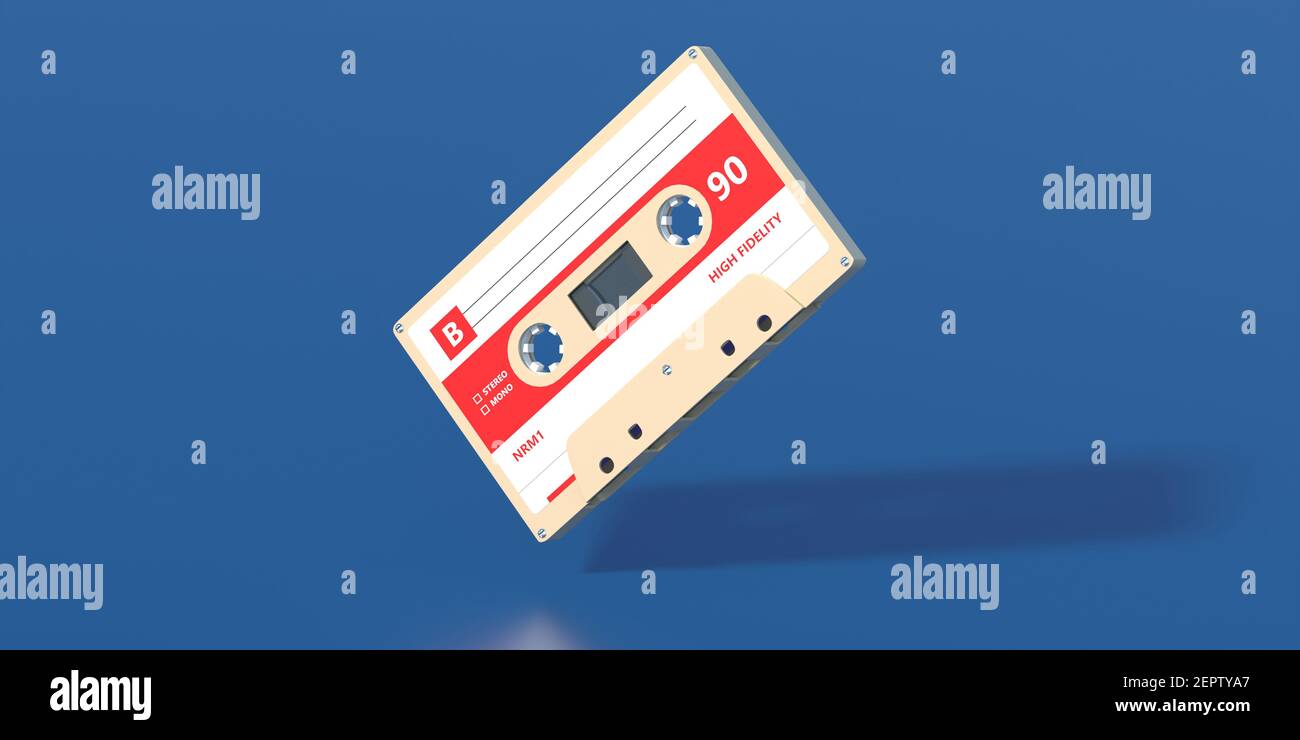High Fidelity, Single retro Audio-Kassette auf blauem Hintergrund, Vintage-Musik, achtziger Party Songs Konzept, Copy Space. 3D Abbildung Stockfoto