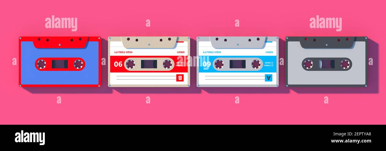Musiksammlung, Vintage retro Party Musik, achtziger Jahre Songs. Audiokassettenbänder auf rosa Hintergrund, Draufsicht, 3D Abbildung Stockfoto