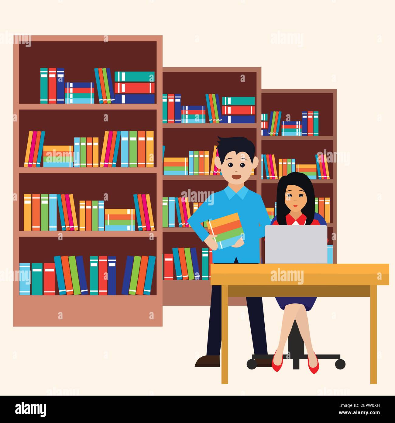 Mann und Frau in einer Bibliothek zum Arbeiten und Lesen eines Buches. vektor-Illustration Stock Vektor