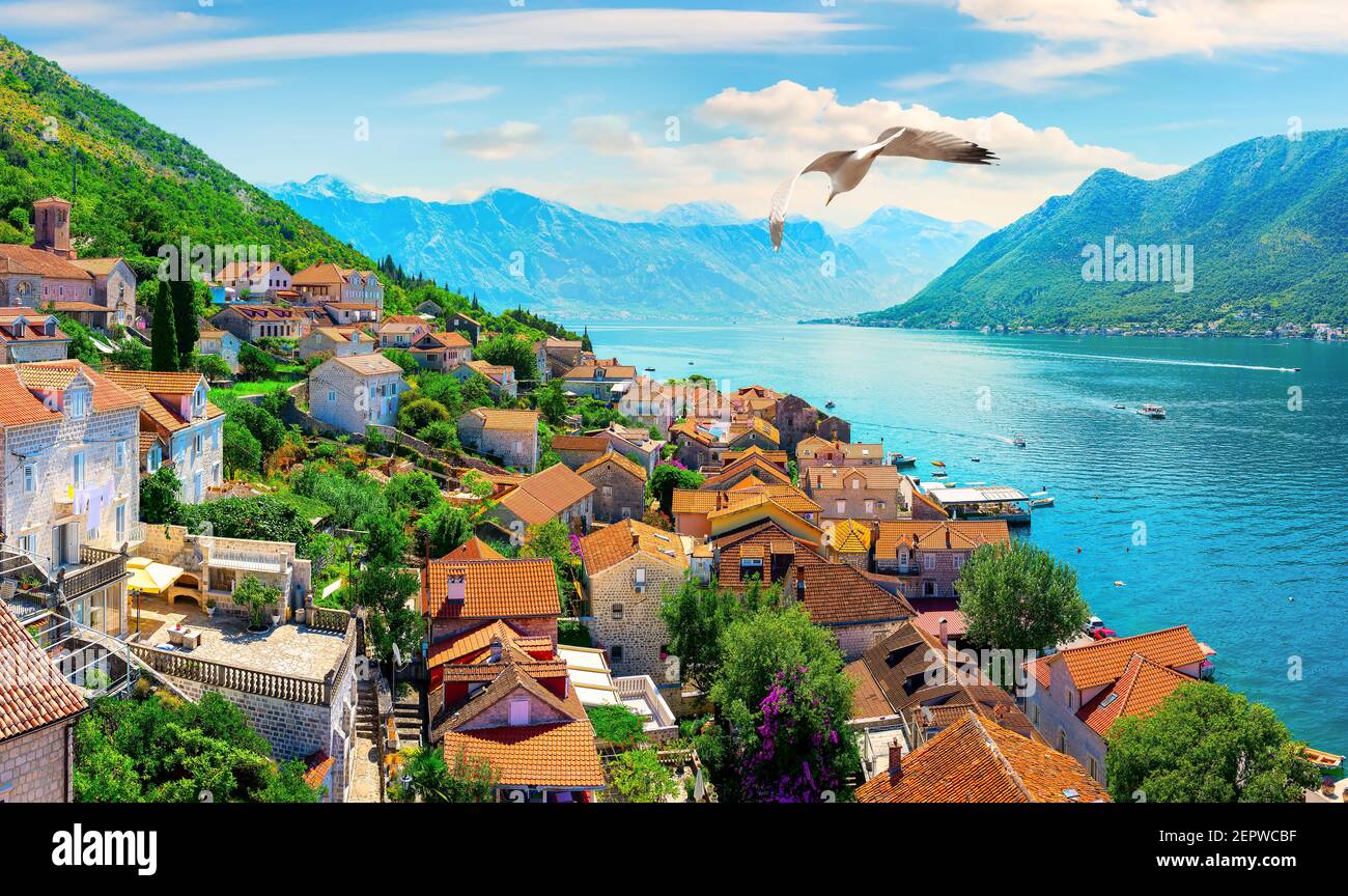 Historische Stadt Perast an der Bucht von Kotor im Frühjahr, Montenegro Stockfoto