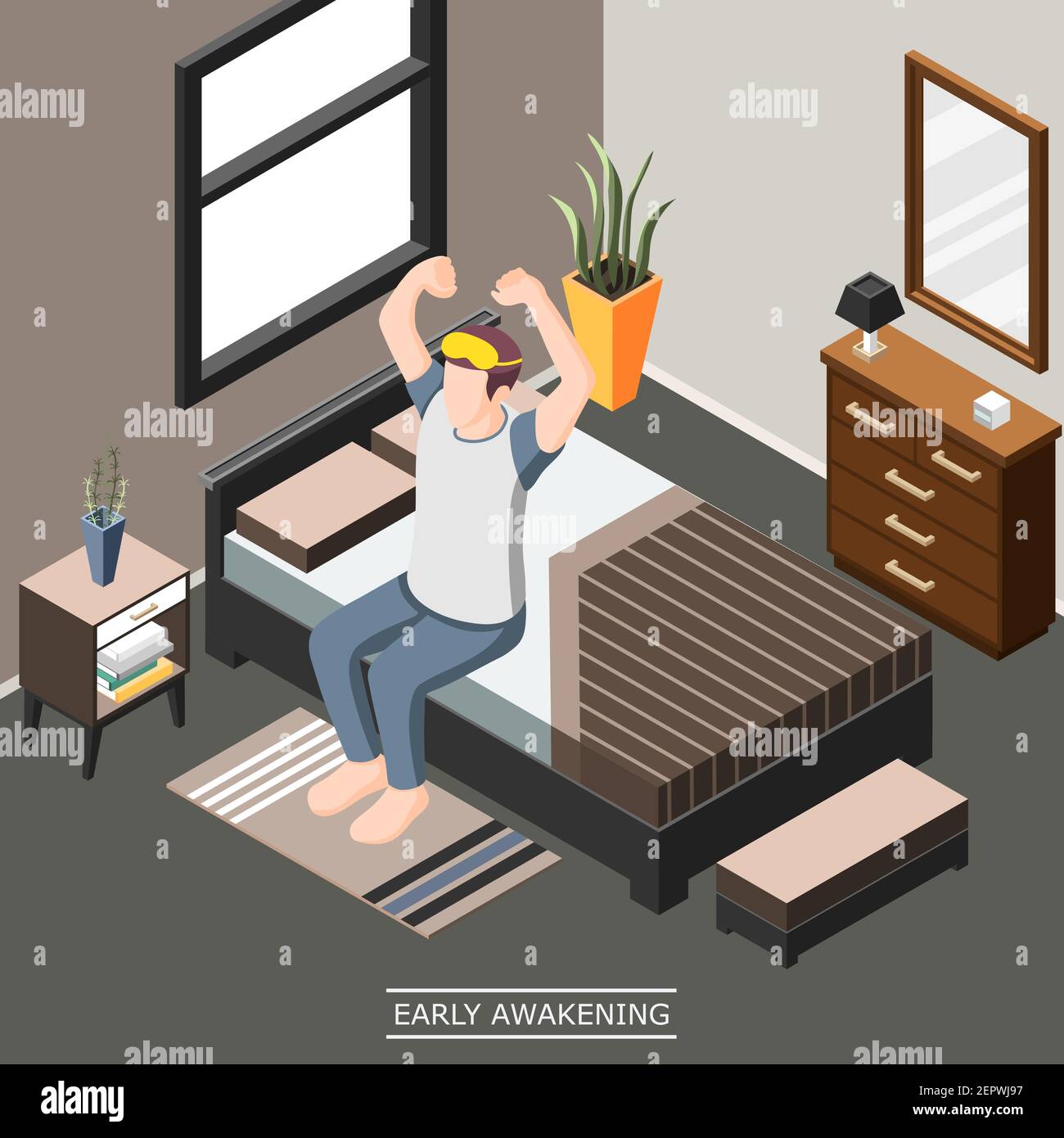 Frühmorgens Erwachen isometrischen Hintergrund mit Stretching Mann sitzt auf Sein Bett nach dem Aufstehen Vektor-Illustration Stock Vektor