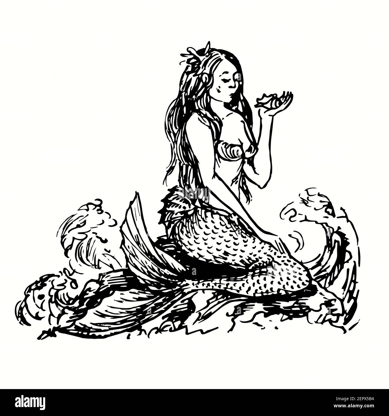 Meerjungfrau, die auf Felsen sitzt und auf Muschel in ihrer Hand schaut. Tusche schwarz-weiß Doodle Zeichnung in Holzschnitt skizzieren Stil. Stockfoto