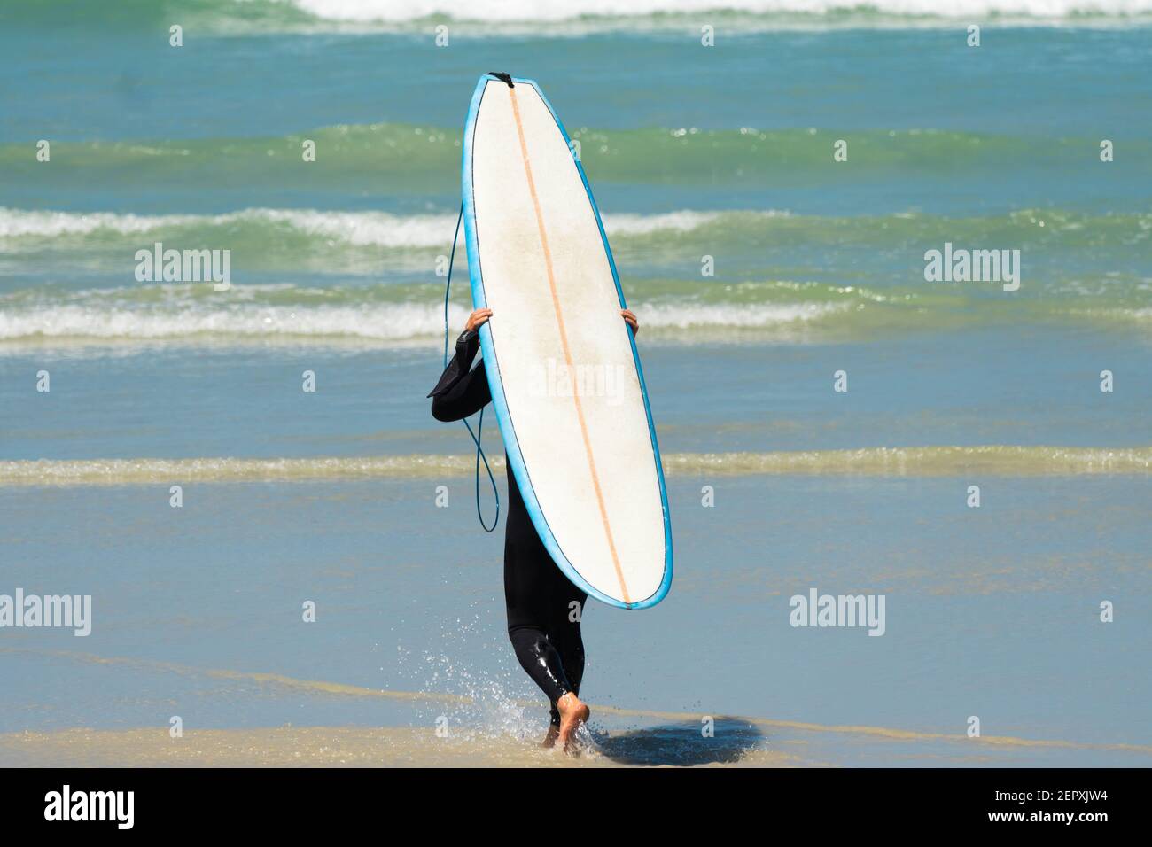 Surfer in einem Neoprenanzug, der sein Surfbrett auf dem Rücken trägt Beim Wandern in Richtung Meer Konzept Wassersport und Sommer Lifestyle Stockfoto