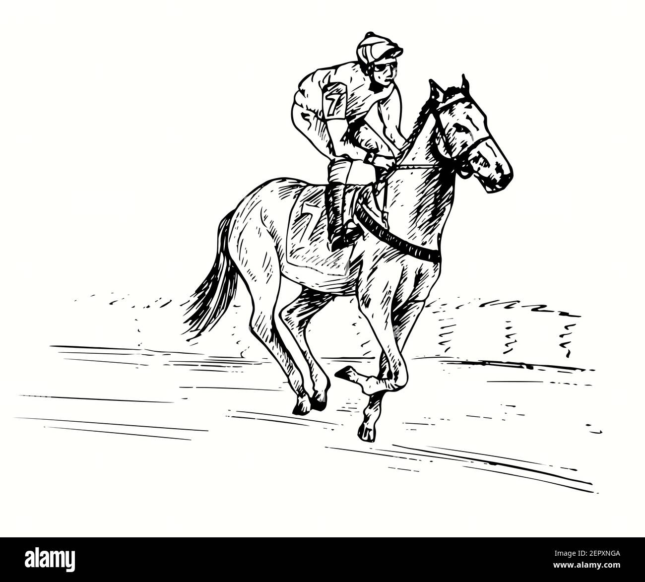 Handgezeichneter Profisportler Jockey auf dem Pferderücken Teilnahme an Rennen auf der Rennstrecke. Tinte schwarz-weiß Zeichnung. Stockfoto