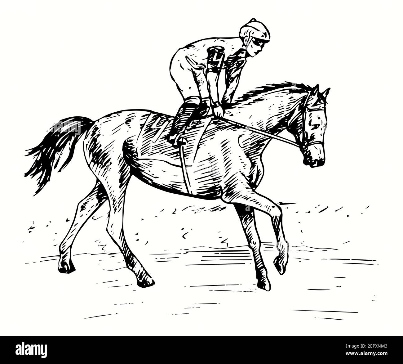 Handgezeichneter Profisportler Jockey auf dem Pferderücken Teilnahme an Rennen auf der Rennstrecke. Tinte schwarz-weiß Zeichnung. Stockfoto