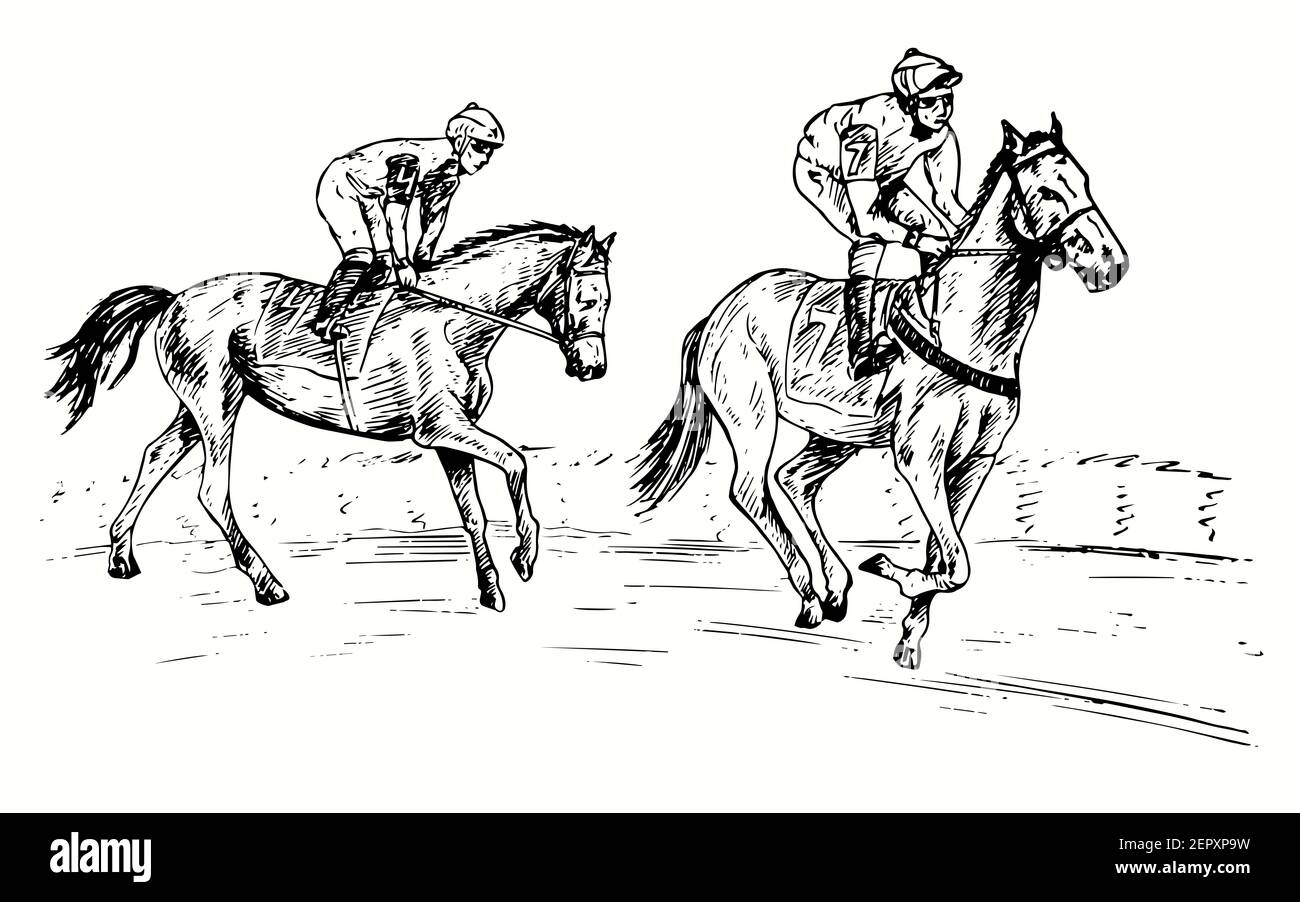 Handgezeichneter Profisportler Jockey auf dem Pferderücken nach anderen Teilnahme an Rennen auf der Rennstrecke. Tinte schwarz-weiß Zeichnung. Stockfoto