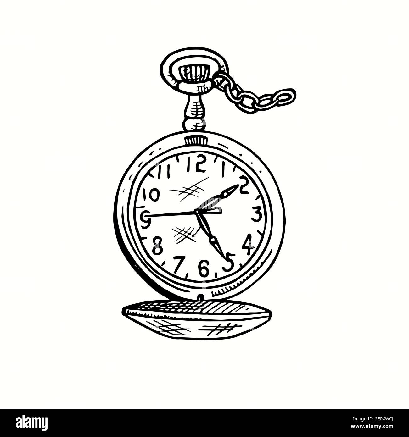 Handgezeichnete Retro-Kettenuhren, offene Vorderansicht. Tinte schwarz-weiß Zeichnung. Stockfoto
