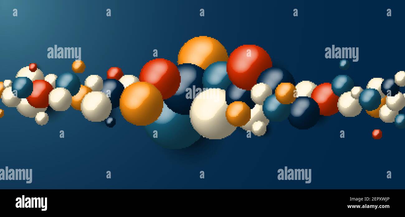 3D realistische viele geometrische Kugeln dynamische Formen auf blauem Hintergrund. Modernes Cover Banner Vorlage Kugeln oder Partikel Design. Vektorgrafik Stock Vektor