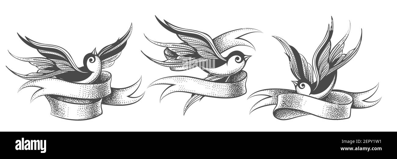 Set von Schwalben mit Band isoliert auf weiß.Vintage-Stil für Tattoo-Design. Vektorgrafik Stock Vektor