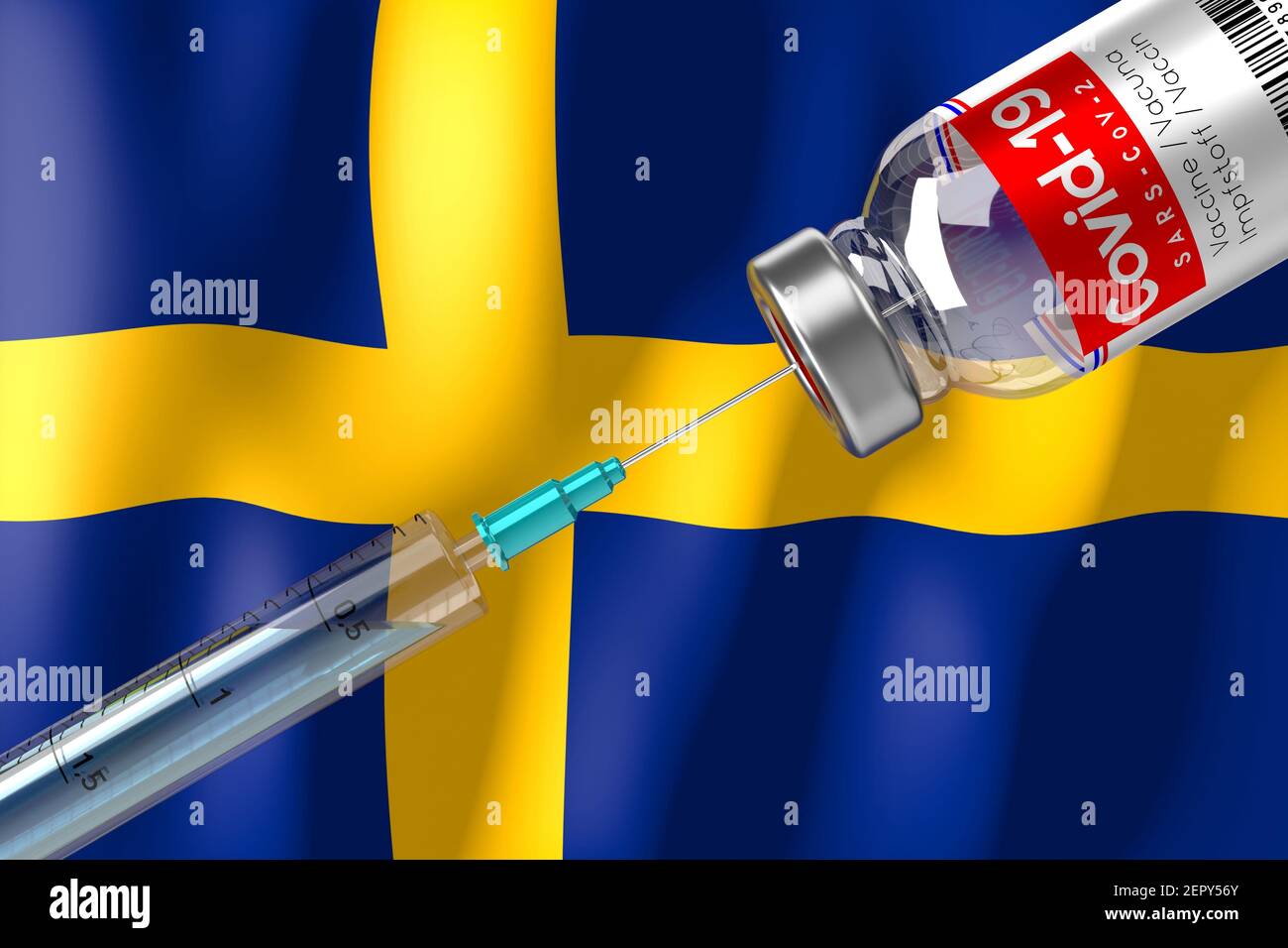 Covid-19, SARS-CoV-2, Coronavirus-Impfprogramm in Schweden, Fläschchen und Spritze - 3D Abbildung Stockfoto