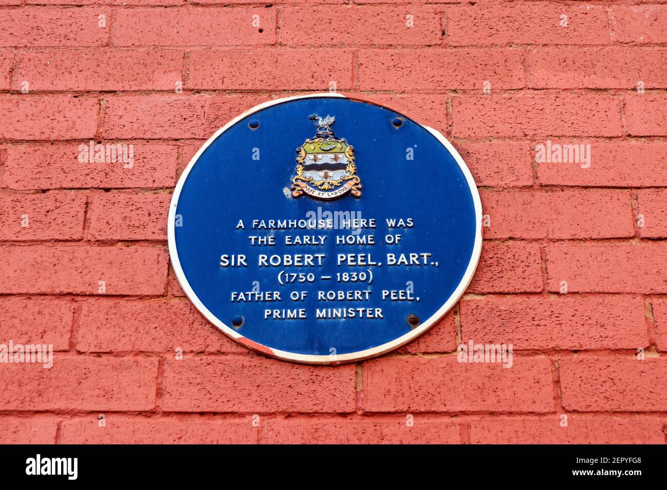 Sir Robert Peel blaue Plakette. Cardwell Place, Blackburn, Lancashire. Stockfoto