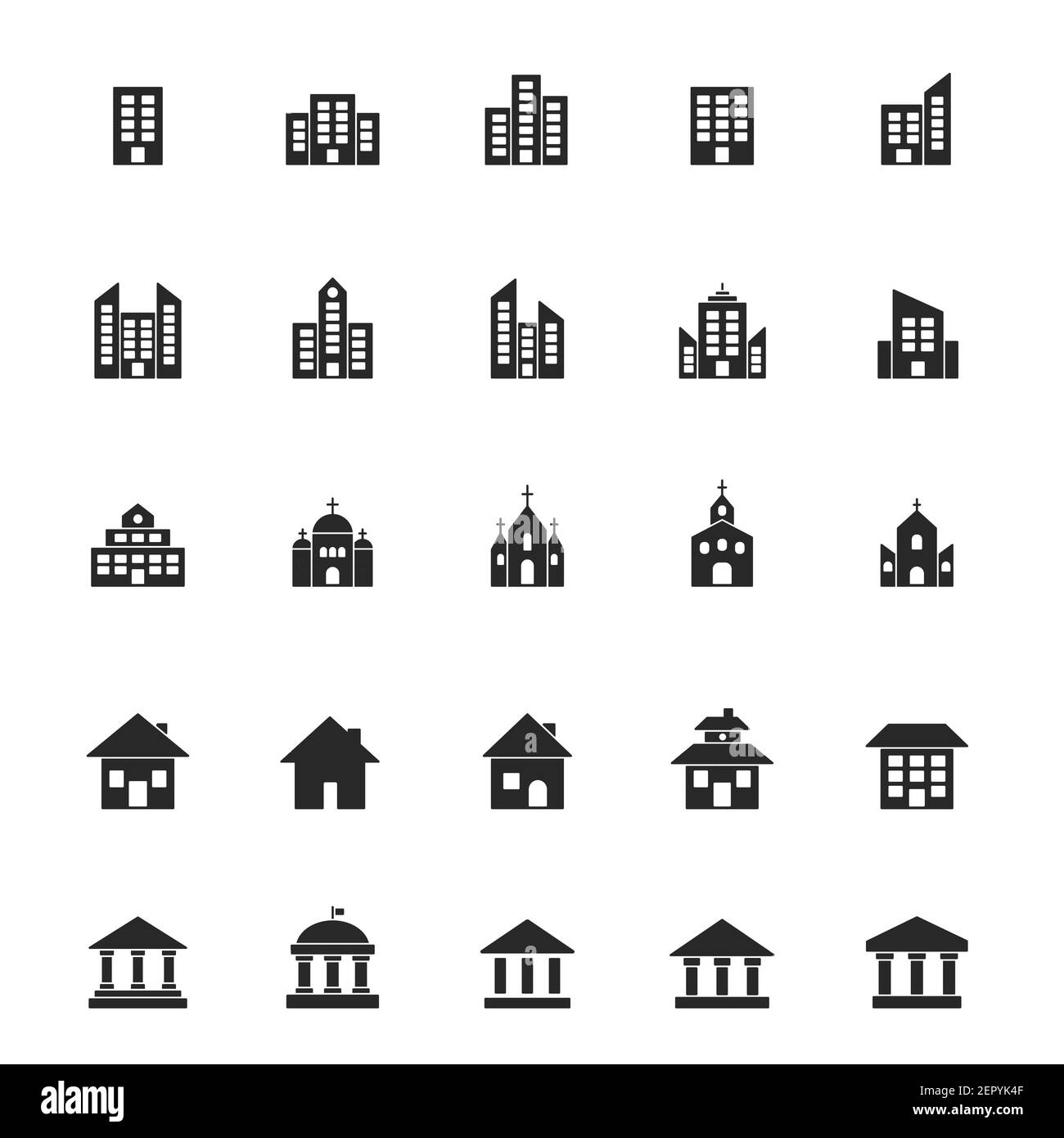 Gebäude Symbol große Menge. Gebäude und Anwesen Symbol Silhouette schwarz Sammlung. Vektor auf Weiß isoliert Stock Vektor