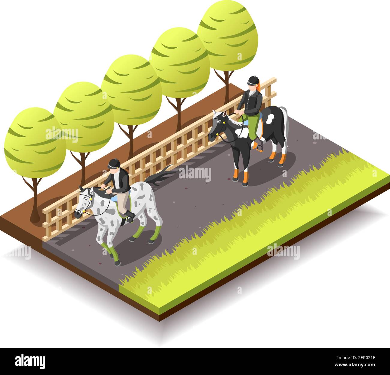 Reiten isometrische Zusammensetzung mit Reitern zu Pferd in Jockey Vektorgrafik Ausrüstung 3D Stock Vektor