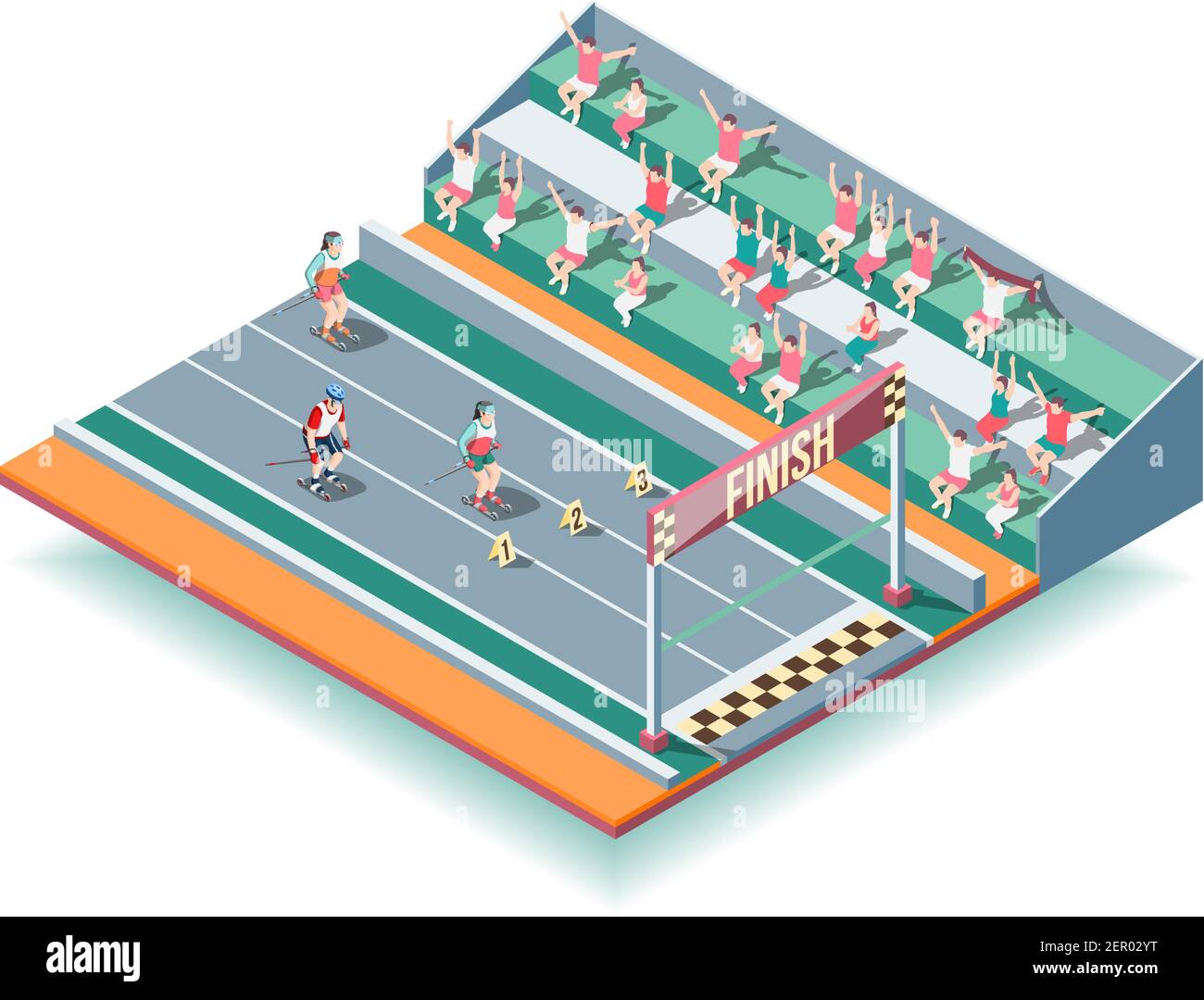 Sportrollerwettbewerbe auf Stadion isometrischen Hintergrund mit Zuschauern und Athleten nähern sich Linie Vektor-Illustration zu beenden Stock Vektor