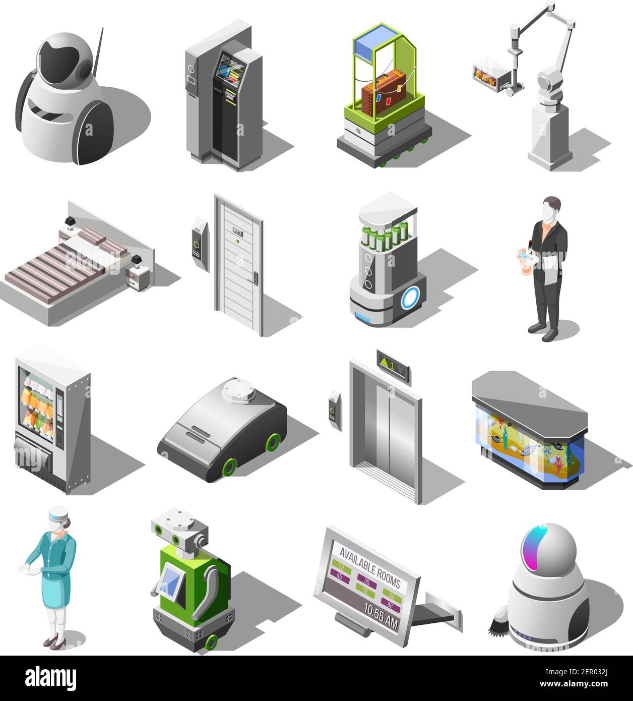 Robotisierte Hotels isometrische Symbole mit Roboter Kellner und Reiniger persönlich Assistent mechanische Bellboy Roboter Gepäck Lieferung isoliert Vektor illustraa Stock Vektor